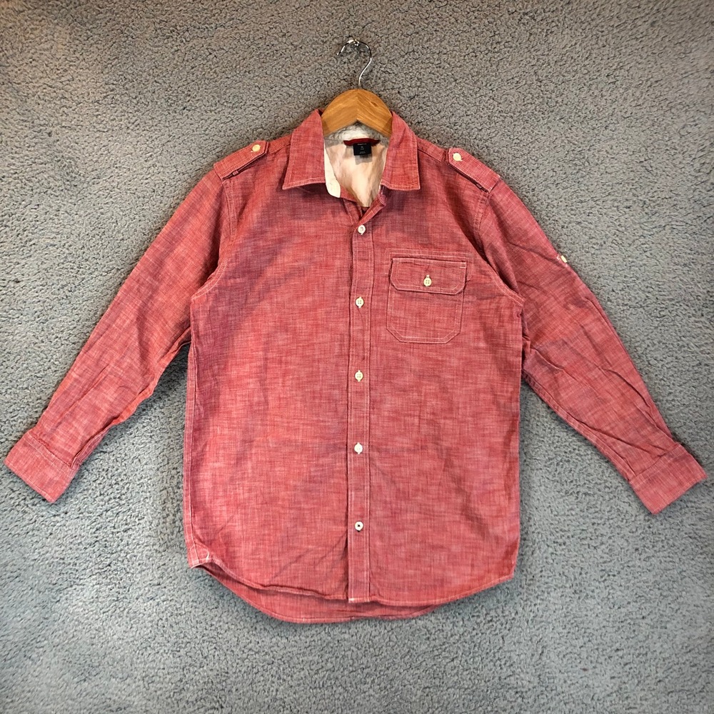 Gap Kids Boys XL 12 Red Button Down Shirt Epaulets Roll Tab Sleeve Regular Fit